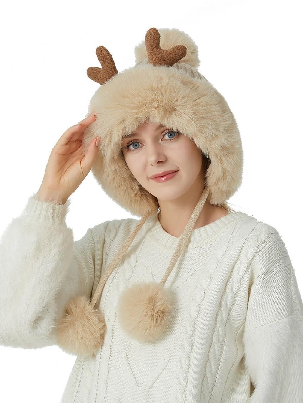 1659 Winter Warm Fluffy Knit Hooded Hat Cute Deer Antler Pompom Skull Cap